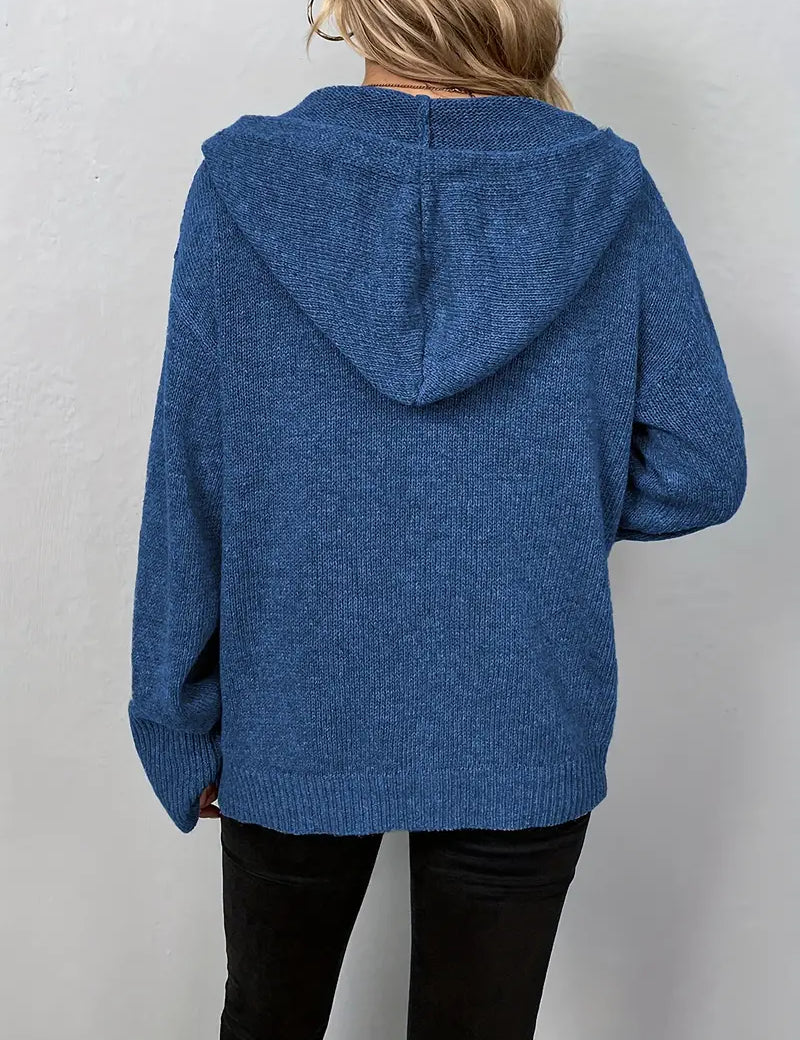 Blue knit cardigan with hood back view