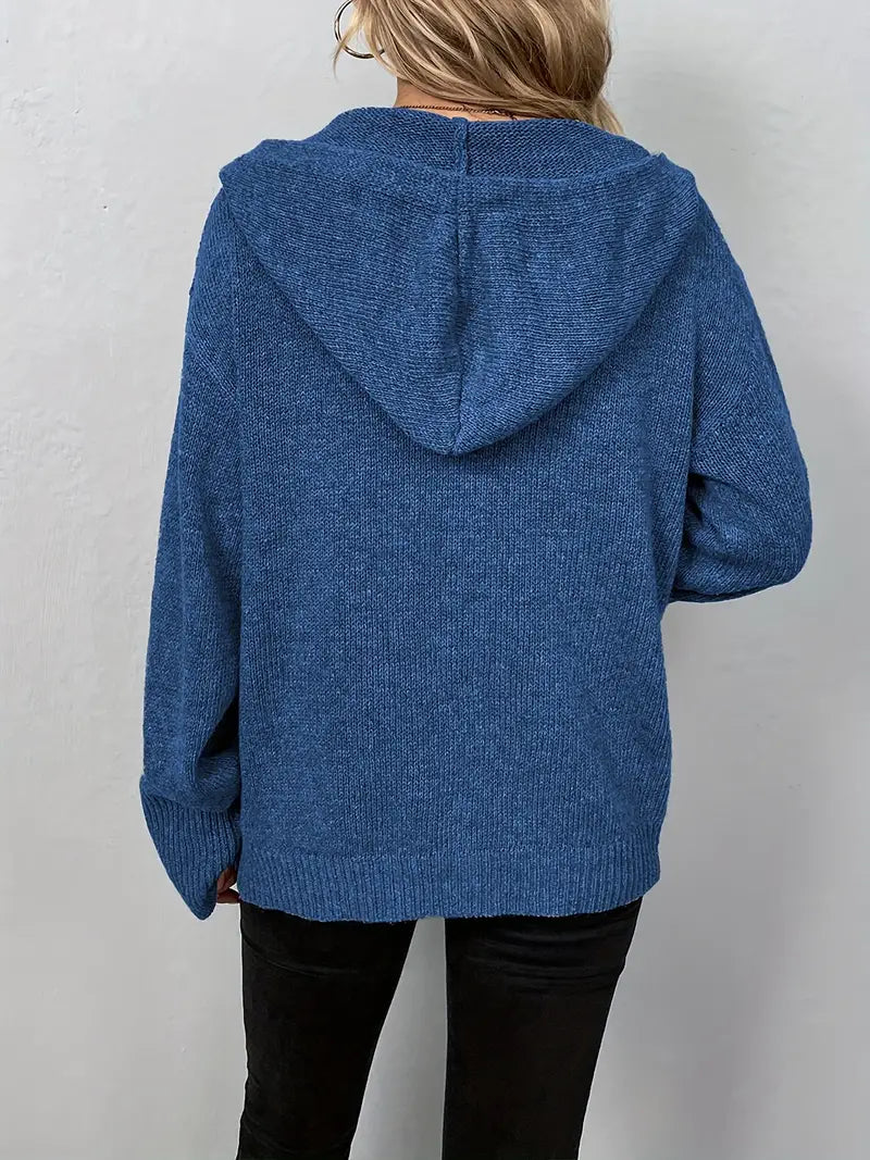 Blue knit cardigan with hood back view