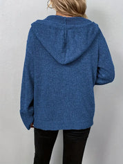 Blue knit cardigan with hood back view