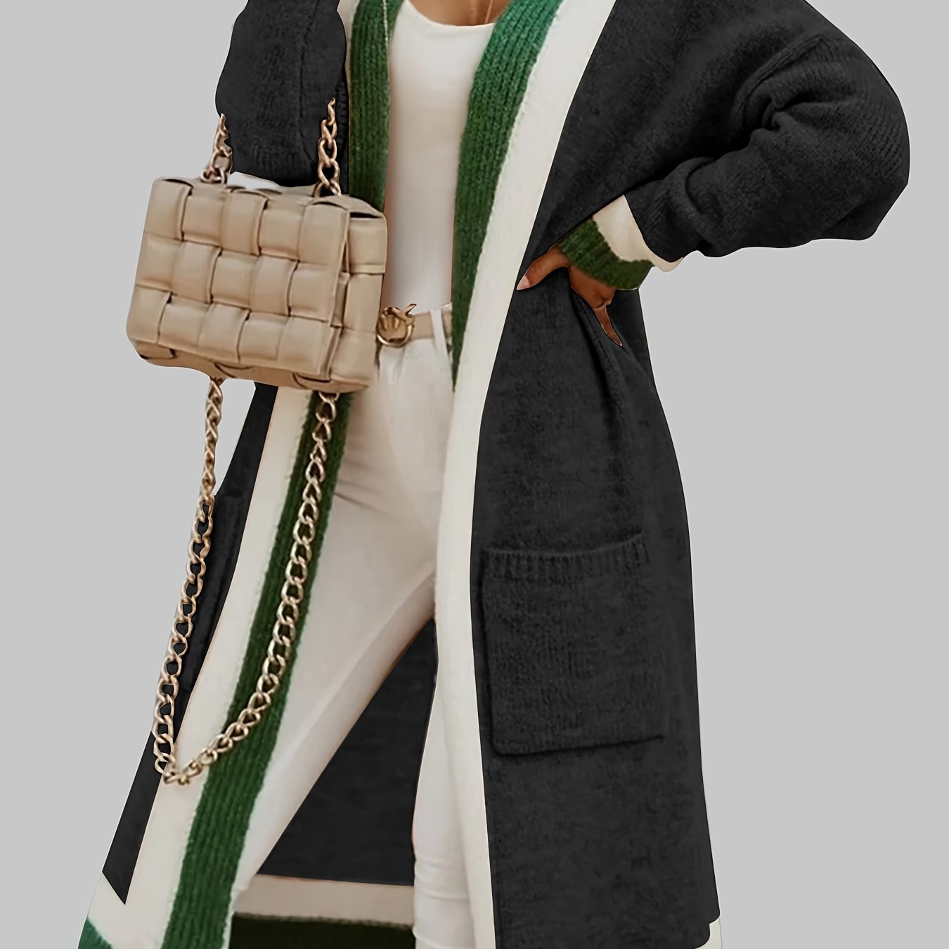 Open cardigan dames zwart/groen met zakken, detail shot