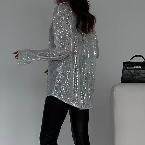 Blouse met pailetten zilver glanzend front view