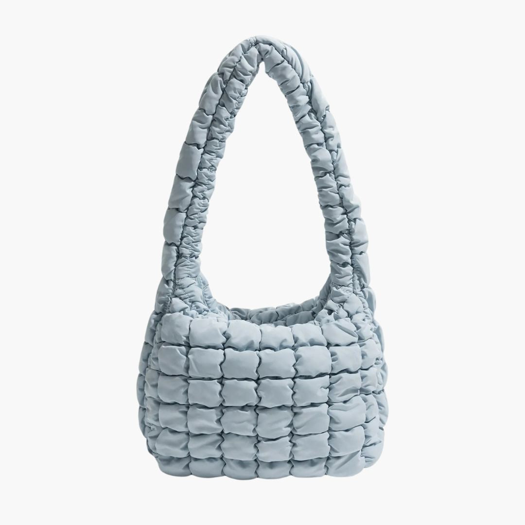 Quilted hobo bag light blue front view