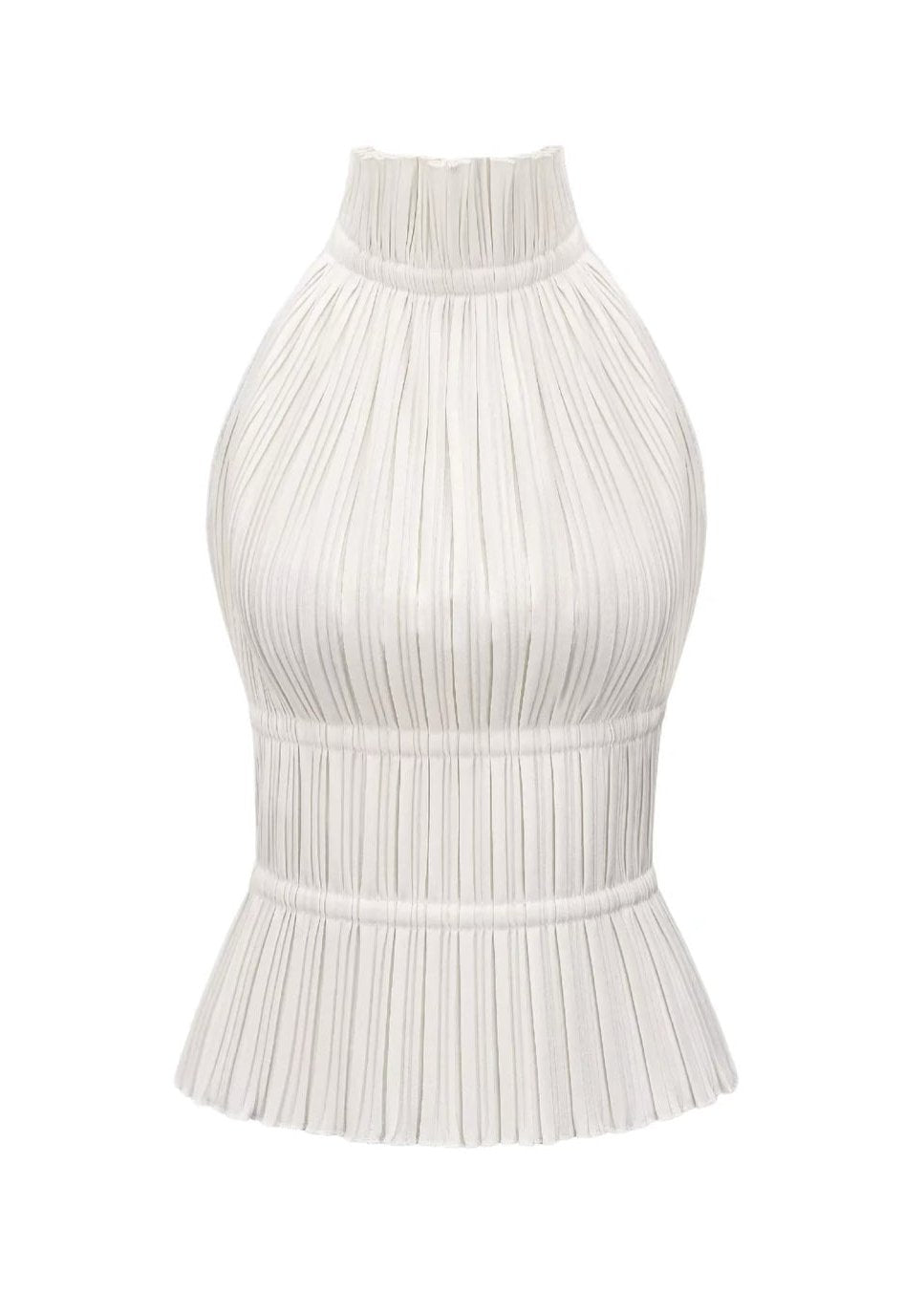 White plissé halter top with chain detail, isolated front view