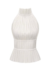 White plissé halter top with chain detail, isolated front view