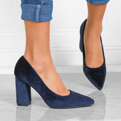 Navy suede pumps pointed toe side view