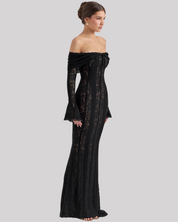 Maxi jurk van kant zwart off-shoulder zijkant