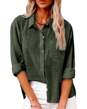 Green blouse with pocket and rolled sleeves front view