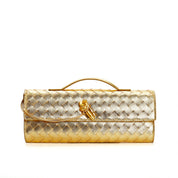 Gouden geweven schoudertas met rits en handvat, front view
