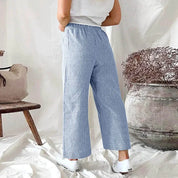 Damesbroek blauw met witte strepen, lichtgewicht, front view