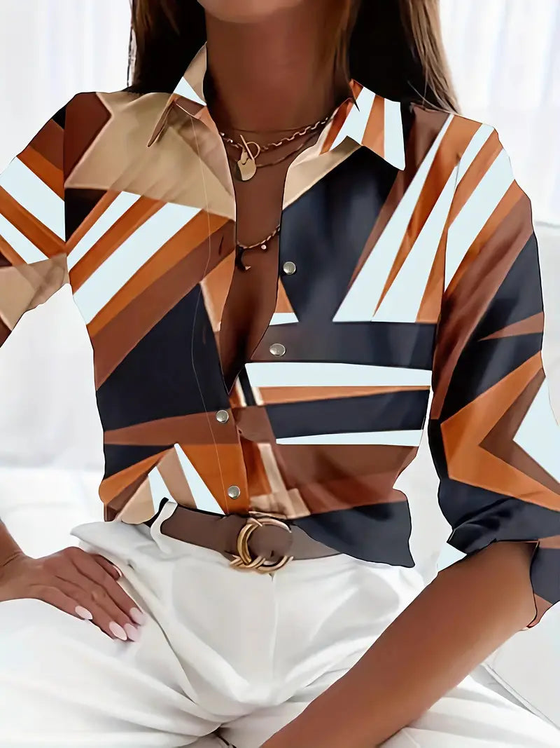 Blouse with geometric stripes in brown and navy, front view