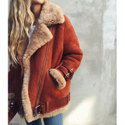 Aviator jas oranje met shearling bont detailzijde