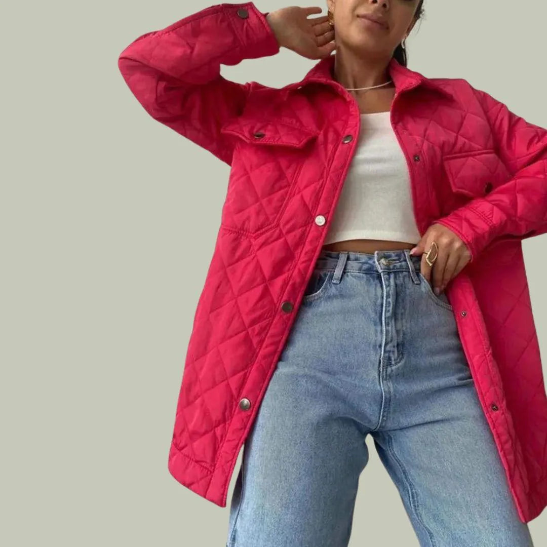 Dames jas roze gestikt met knopen en zakken front view