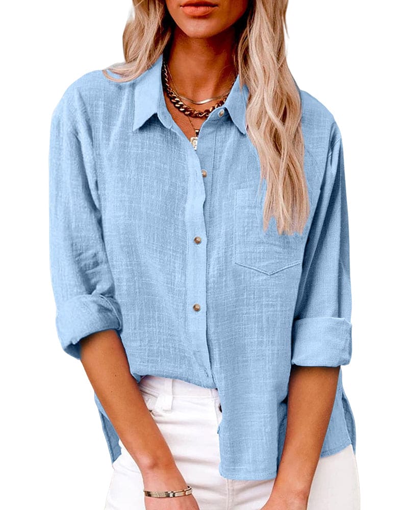 Light blue blouse with pocket and rolled sleeves front view