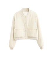 Bomberjas dames beige met zakken en ronde hals vooraanzicht