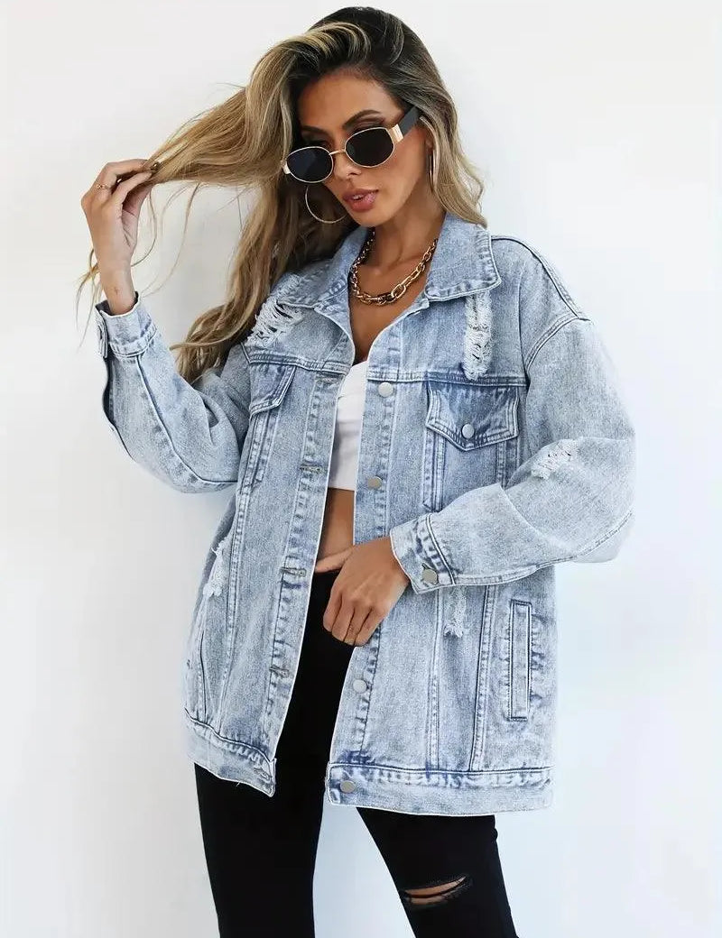 Dames denim jack oversized met rafels front view