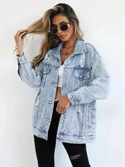 Dames denim jack oversized met rafels front view