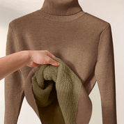 Trui bruin gebreid turtle neck met groene thermische laag detail