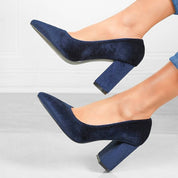 Navy suede pumps pointed toe close-up detail