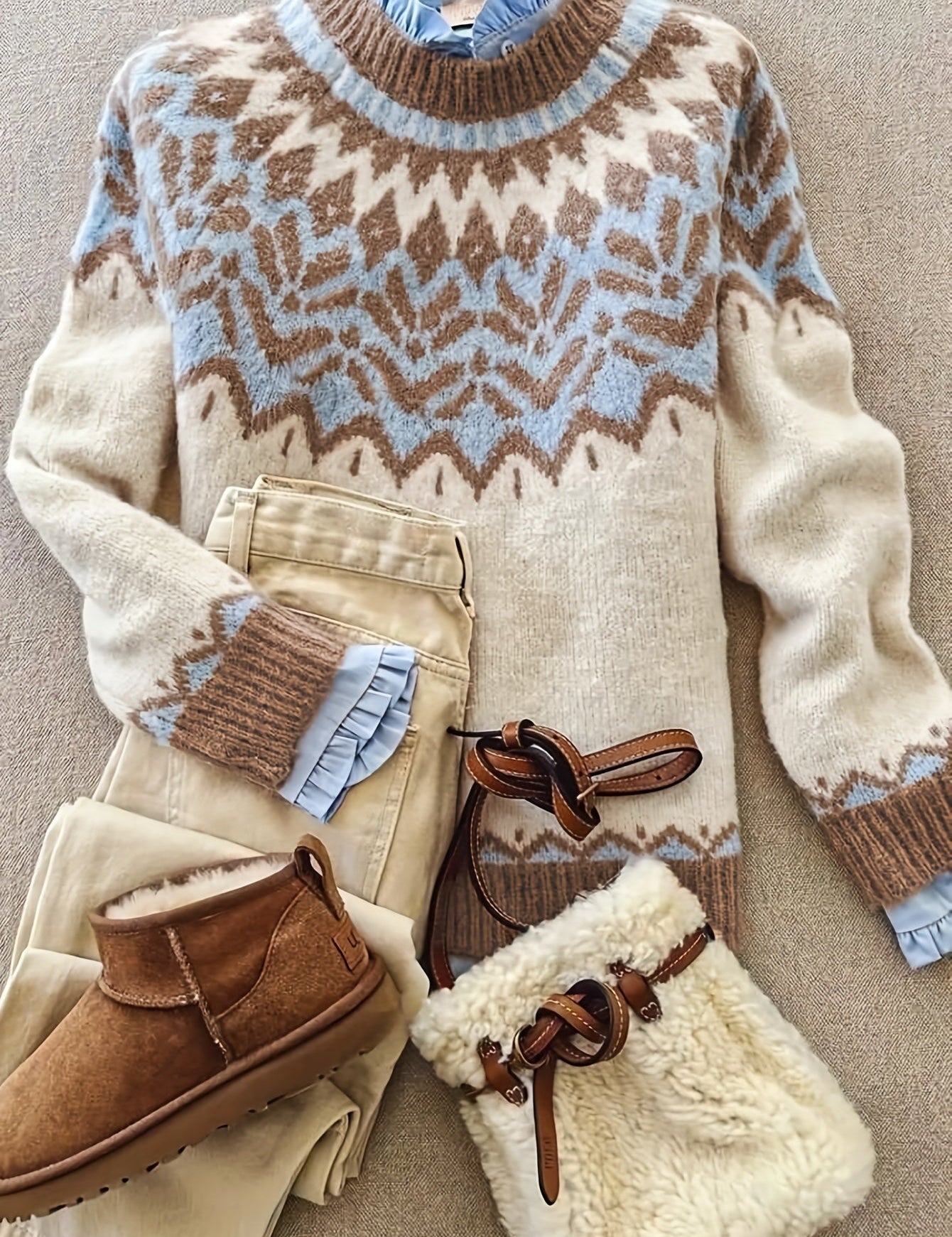 Trui met geometrisch patroon beige en blauw voorbeeld outfit