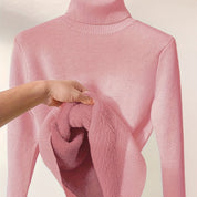 Trui roze gebreid turtle neck met fleece interieur detail shot