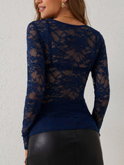 Navy lace bodysuit with V-neck back view