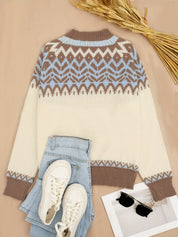 Trui met geometrisch patroon in beige, blauw en bruin, front view