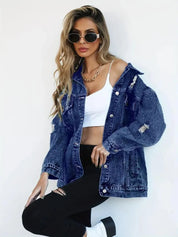 Dames denim jas oversized blauw met details front view