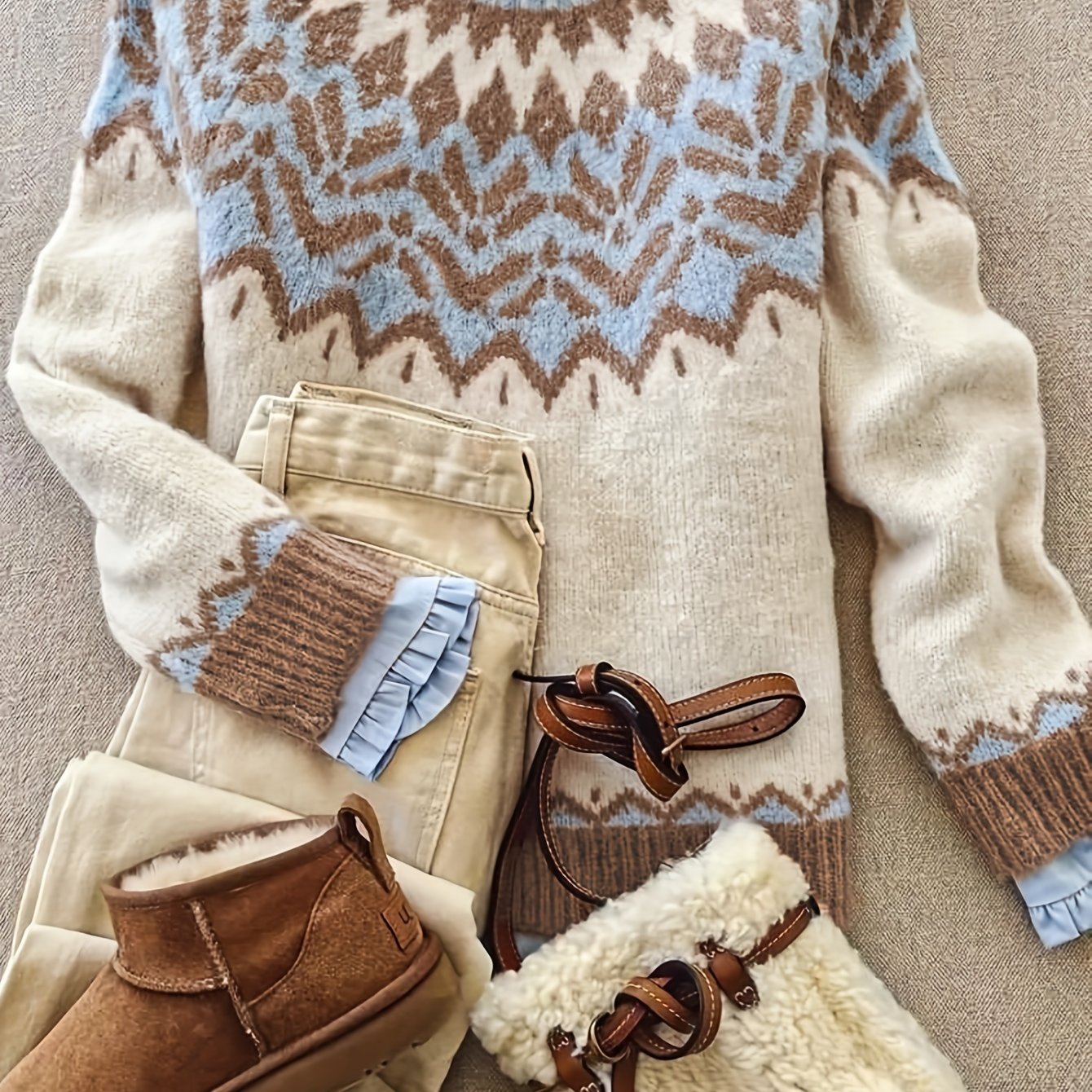 Trui met geometrisch patroon beige en blauw detail shot