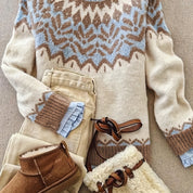 Trui met geometrisch patroon beige en blauw detail shot