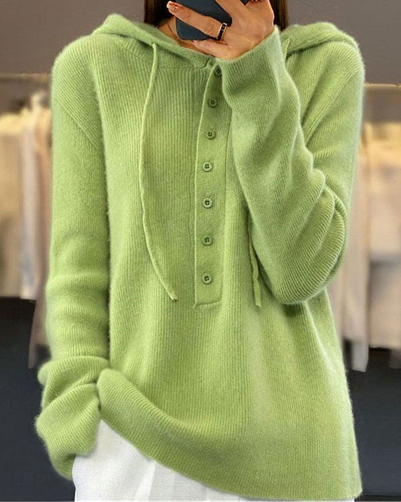 Winter gebreide hoodie trui groen met knopen voorzijde