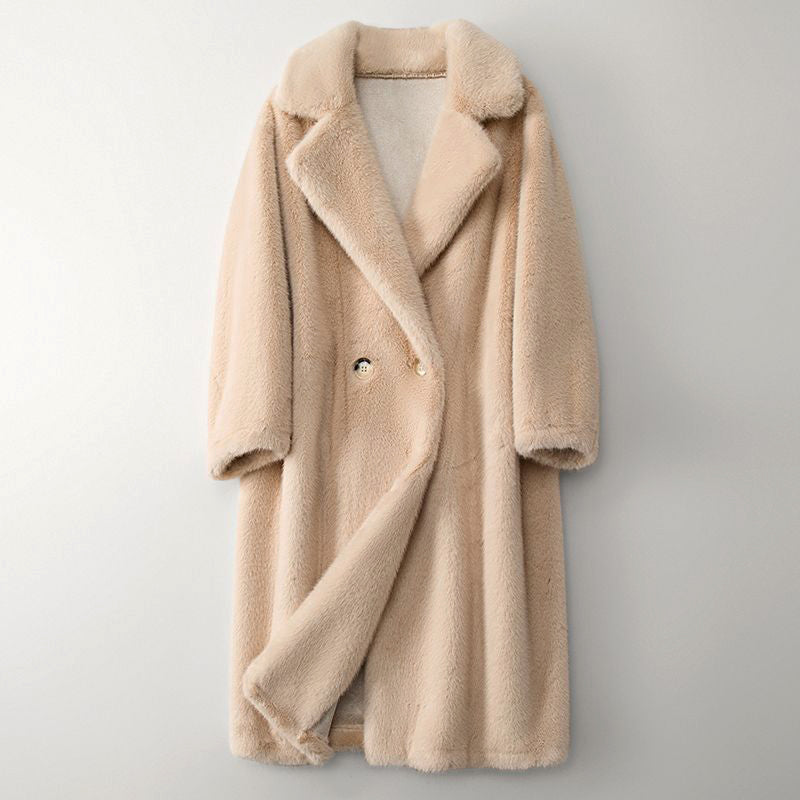 Winterjas dames beige fluweelzachte stof lange model zijkant