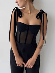 Black mesh bustier top with velvet straps, front view