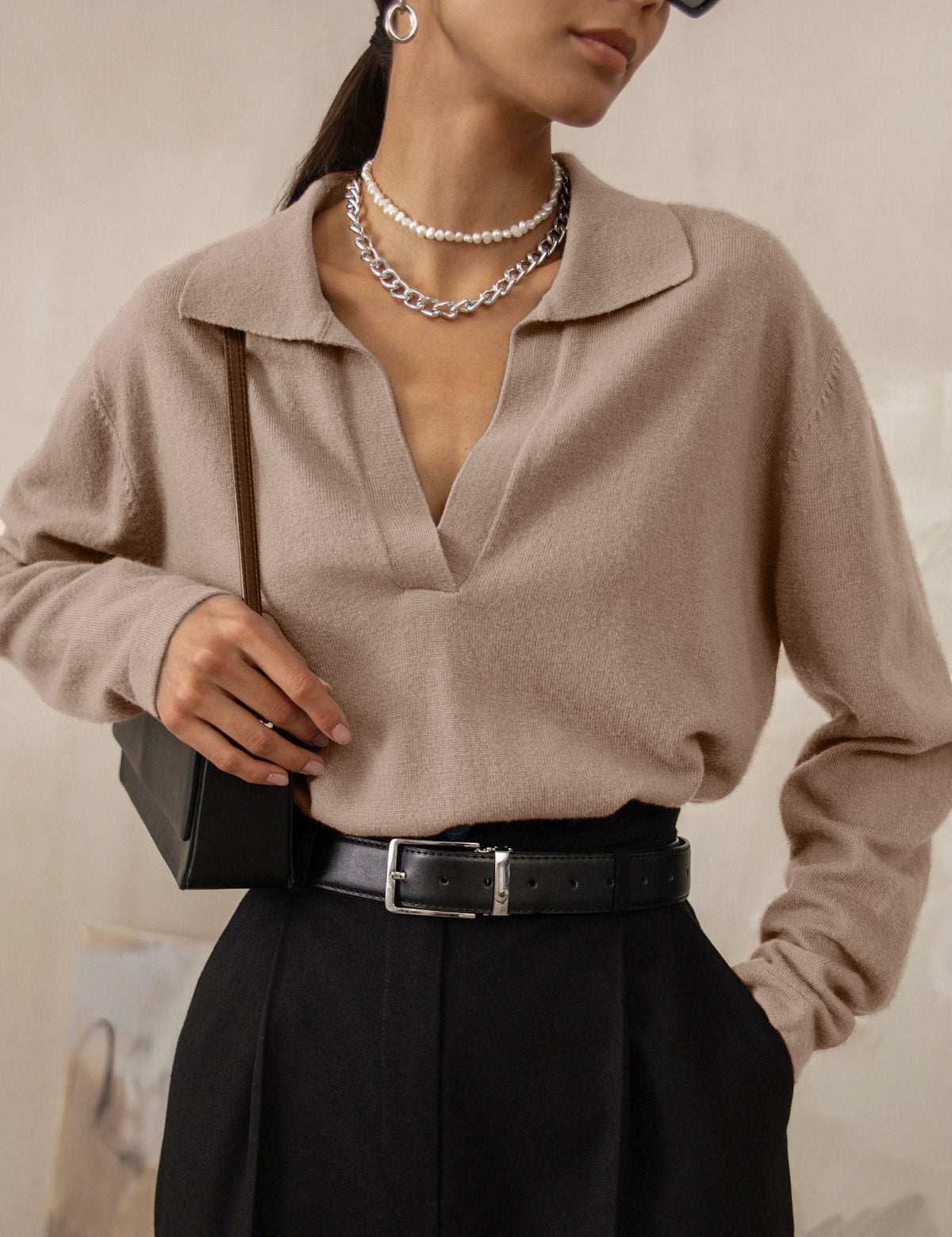 Soft cashmere blend polo shirt with deep V-neck, front view