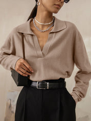 Soft cashmere blend polo shirt with deep V-neck, front view