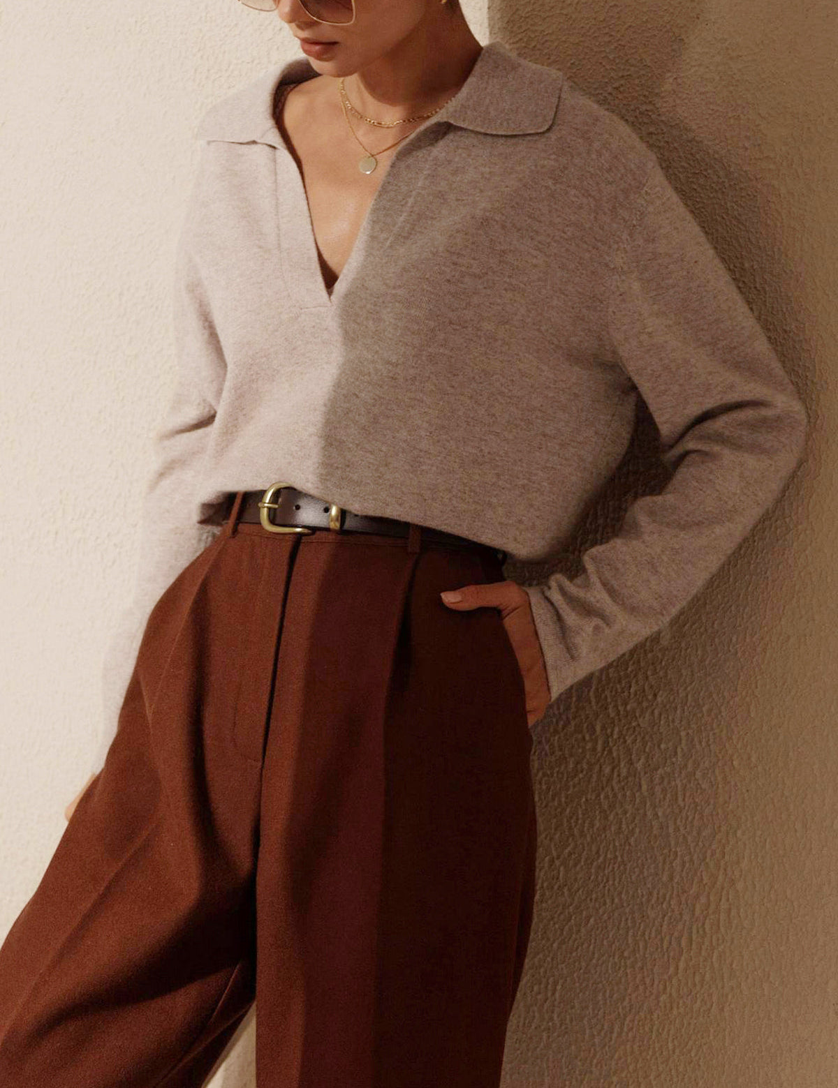 Soft cashmere blend polo shirt with deep V-neck, side profile