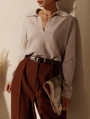 Soft cashmere blend polo shirt with deep V-neck, front detail