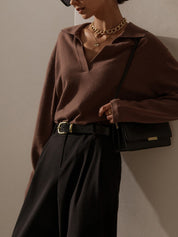 Soft cashmere blend polo shirt with deep V-neck, side profile in brown