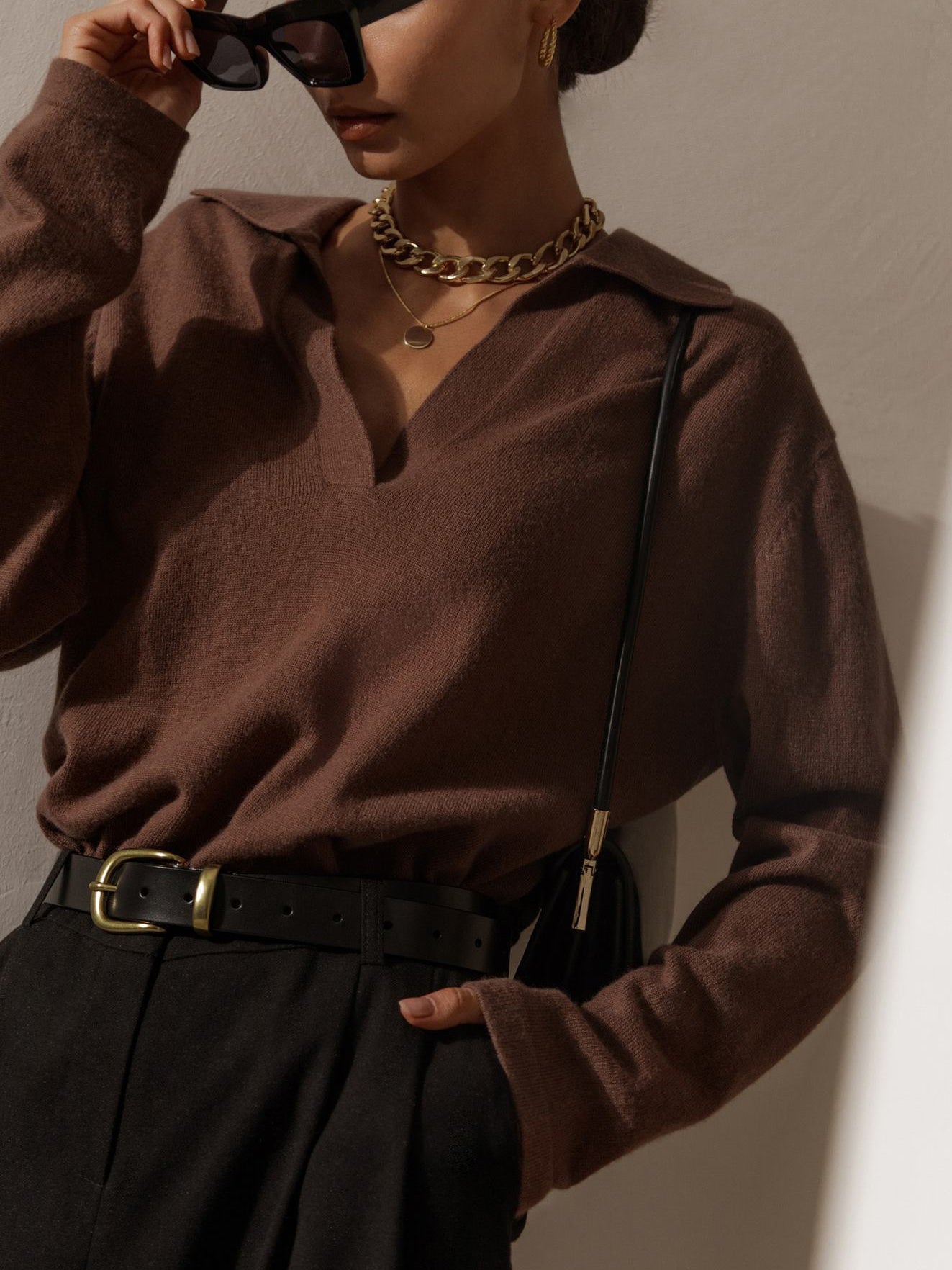 Soft cashmere blend polo shirt with deep V-neck, front view in brown