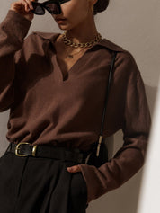 Soft cashmere blend polo shirt with deep V-neck, front view in brown