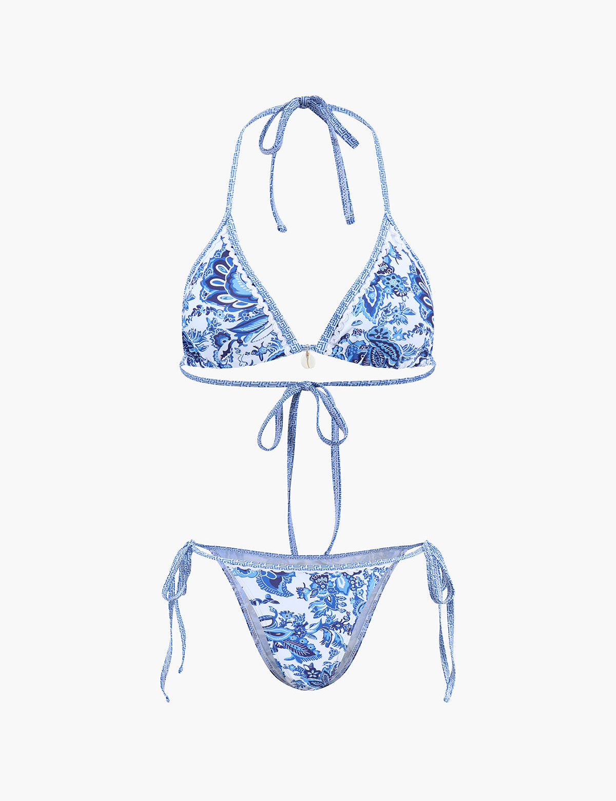 Bikiniset met blauwe print en halterbandjes, front view