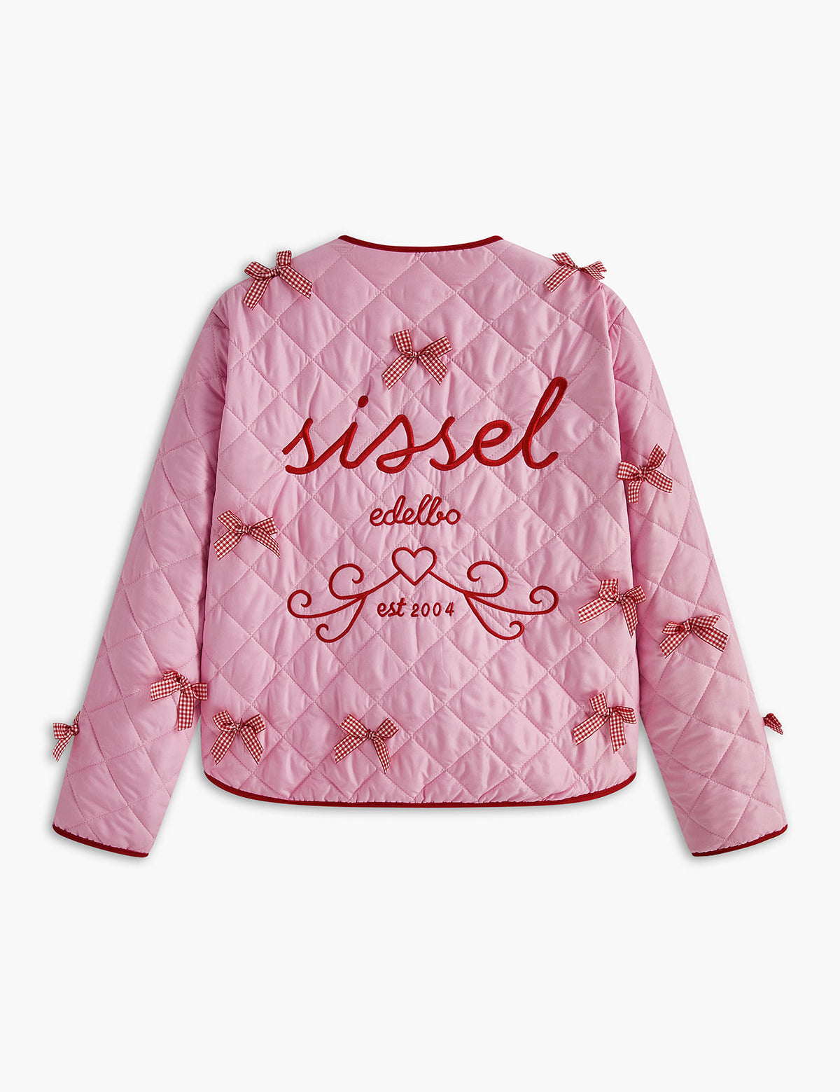 Roze gestikte jas met rood borduurwerk en strikken, rugzijde