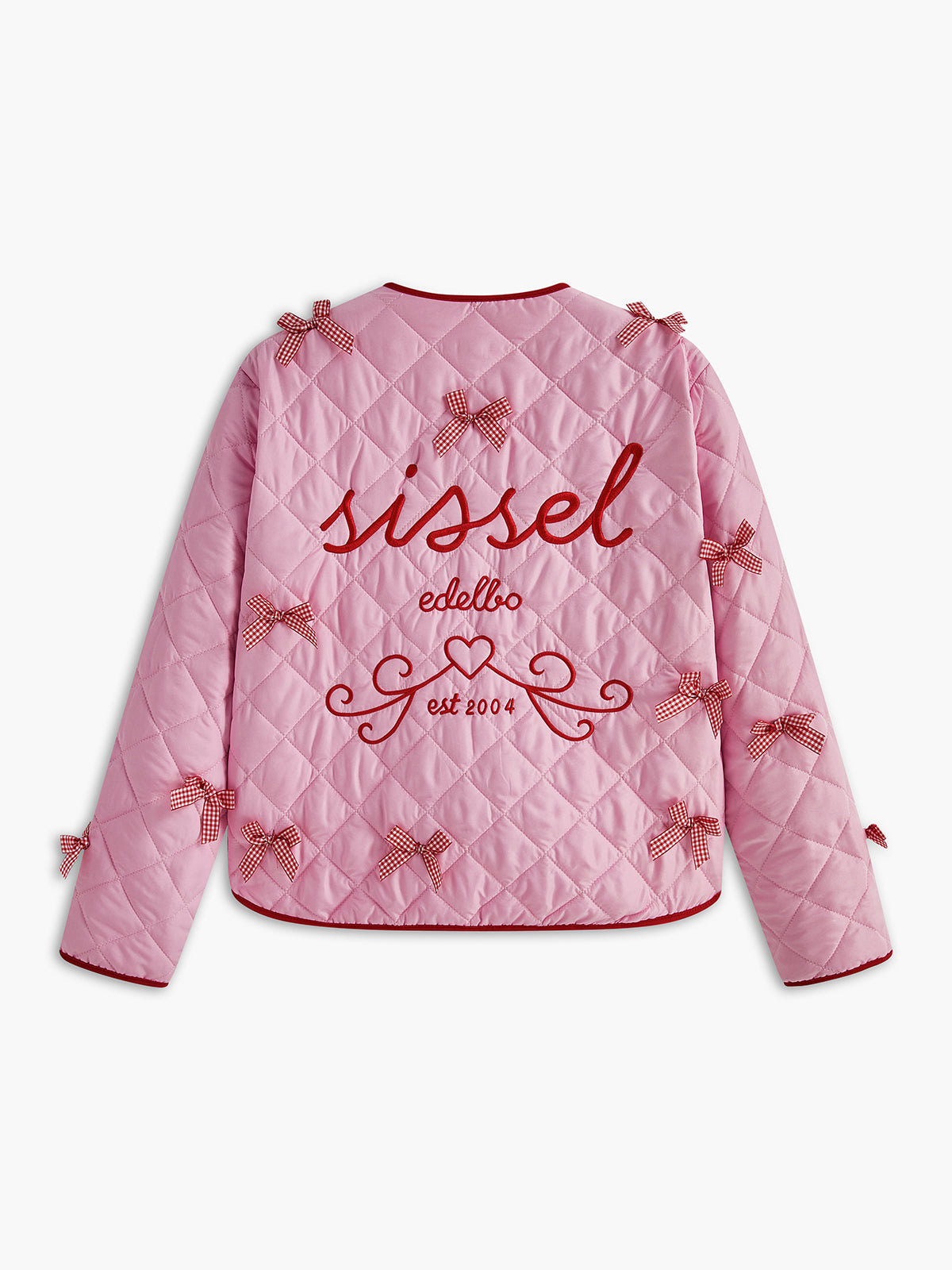 Roze gestikte jas met rood borduurwerk en strikken, rugzijde