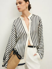 Striped blouse with band collar and white pants three-quarter view