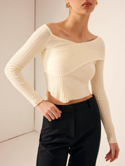 Trui asymmetrisch criss cross geribd ecru front view