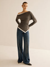 Dames trui asymmetrisch zwart met wit contrast detail front view