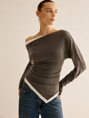 Dames trui asymmetrisch design met contrastband, donkergrijs en wit, front view