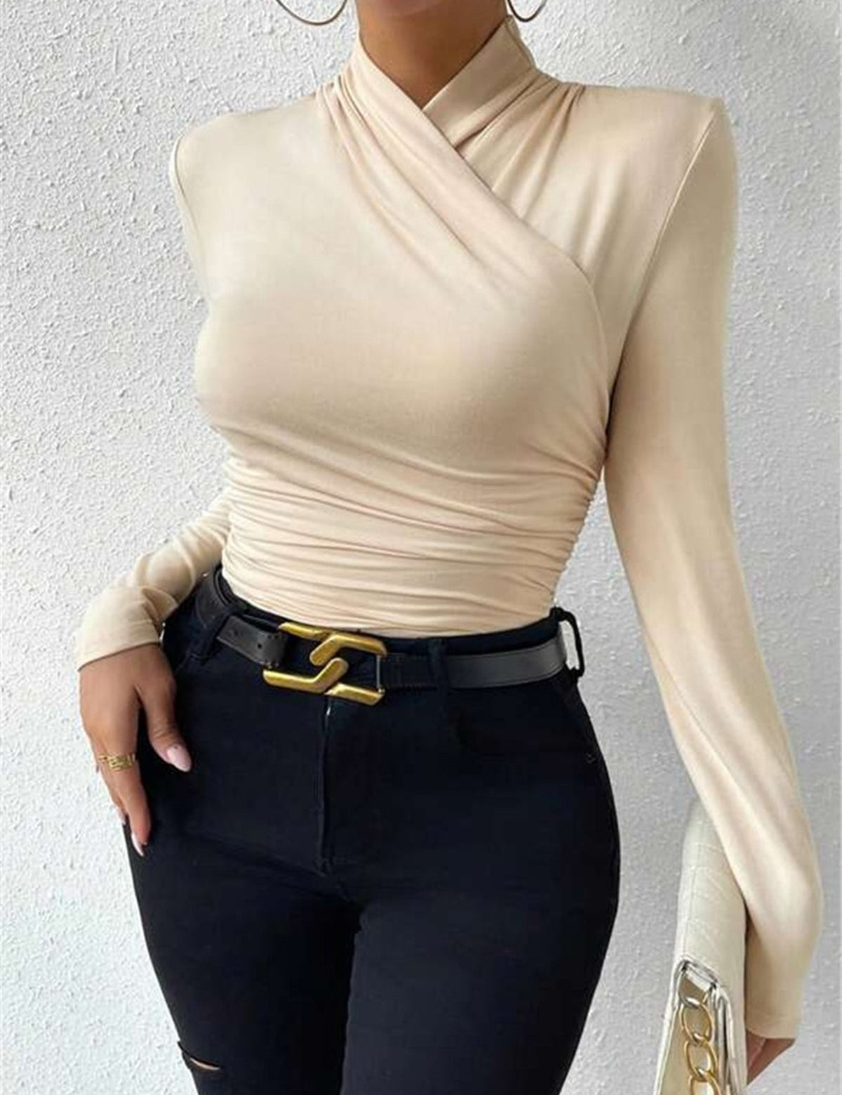 Sleek beige crossover neck sweater slim fit side view