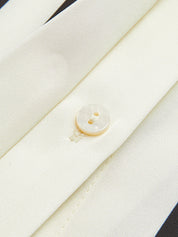 Striped blouse with band collar close-up button detail