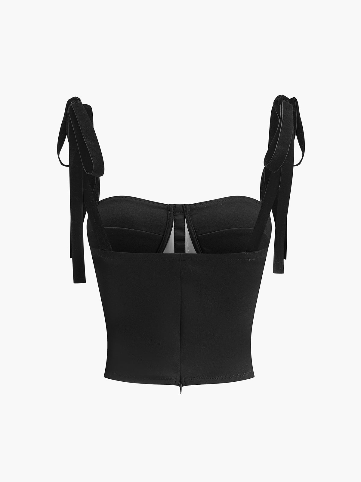 Black bustier top with sheer mesh panel and velvet straps, front view with zipper detail