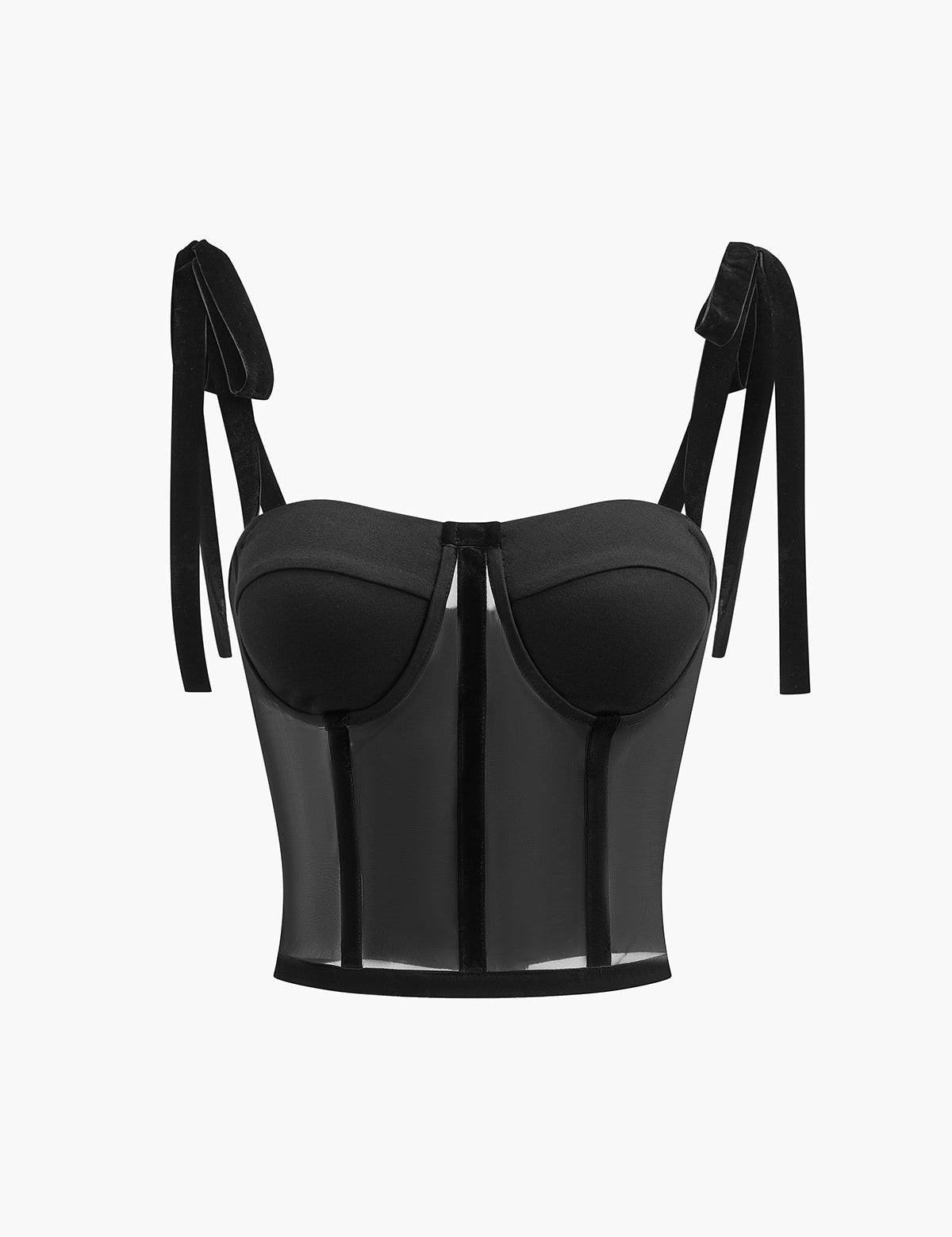Black bustier top with sheer mesh panel and velvet straps, front view